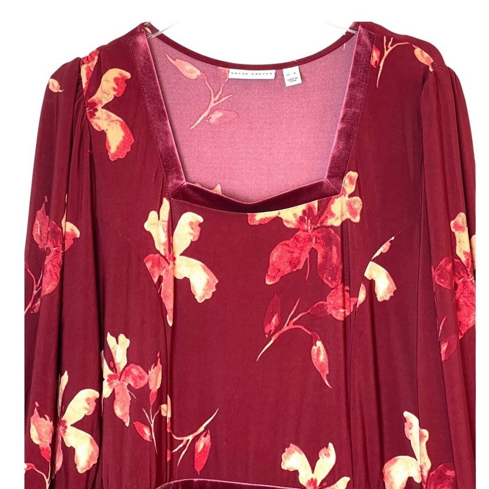 Susan Graver Floral Midi Dress‎ Womens XL Burgundy Velvet Trim Lace Cuff - Picture 13 of 14